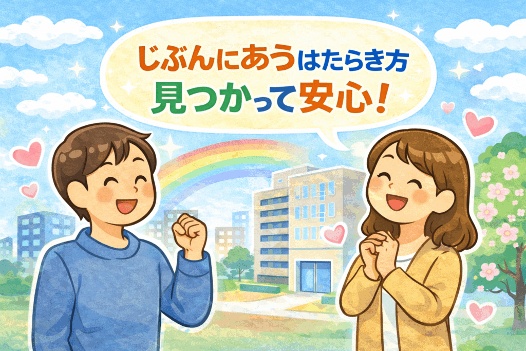 じぶんに あう はたらき方が 見つかって 安心しているイメージ